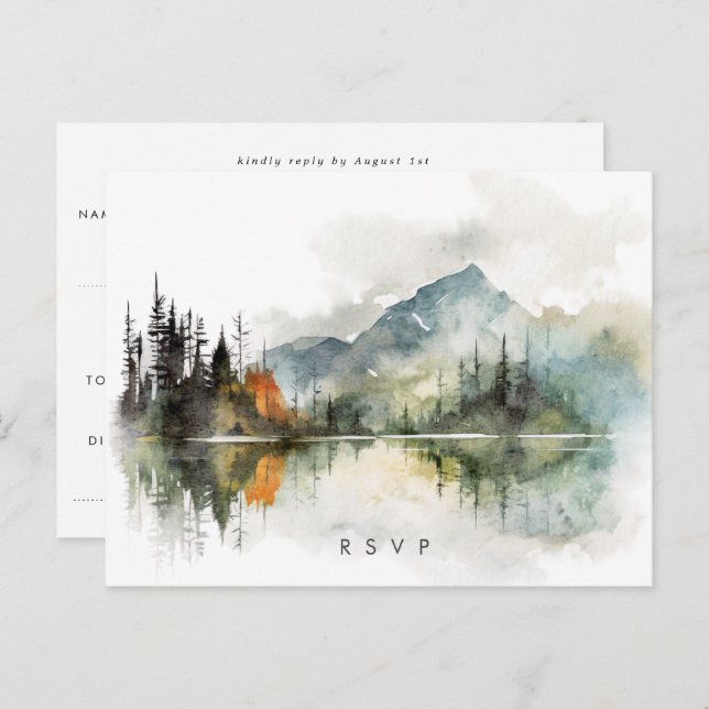 fall winter rustic forest wedding rsvp postcard (Front/Back)