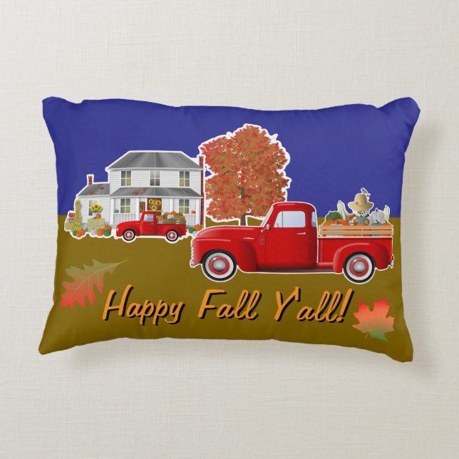 Fall/Winter Snowman, Little Red Truck, Farm House Accent Pillow (Back)