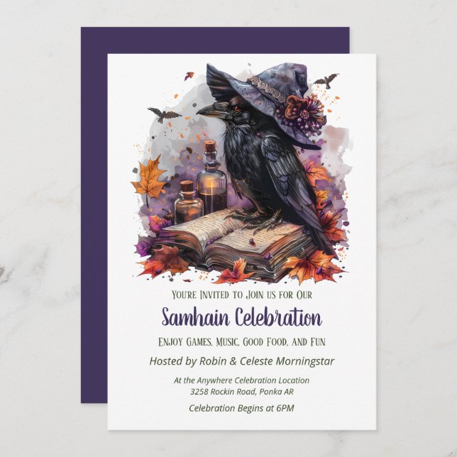 Fall Witch Raven Samhain Spooky Halloween Party Invitation (Front/Back)