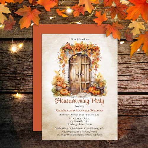 Fall Wood Door Leaves Pumpkins Housewarming Party Invitation