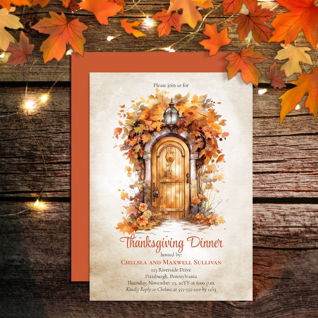 Fall Wood Door Leaves Thanksgiving Dinner Party Invitation (Celebrate your Thanksgiving gathering in style with this rustic elegance leaves arched door design!)