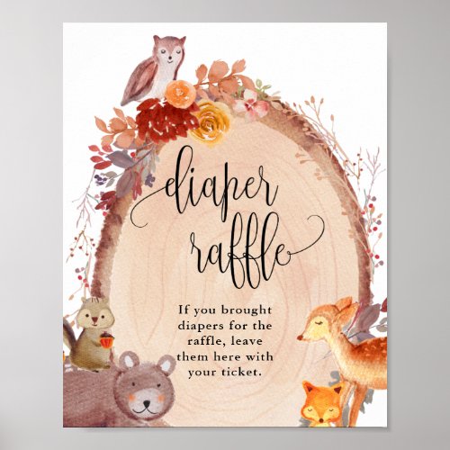 Fall Woodland Animals Baby Diaper Raffle Sign