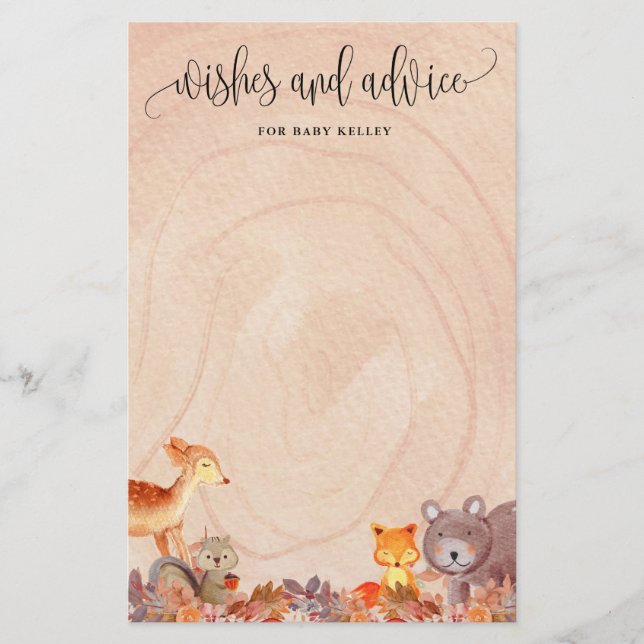 Fall Woodland Animals Baby Shower Advice Card (Front)