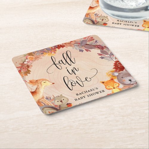 Fall Woodland Animals Baby Shower Personalized Square Paper Coaster