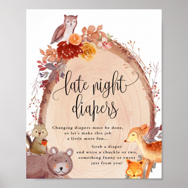 Fall Woodland Animals Late Night Diapers Sign (Front)