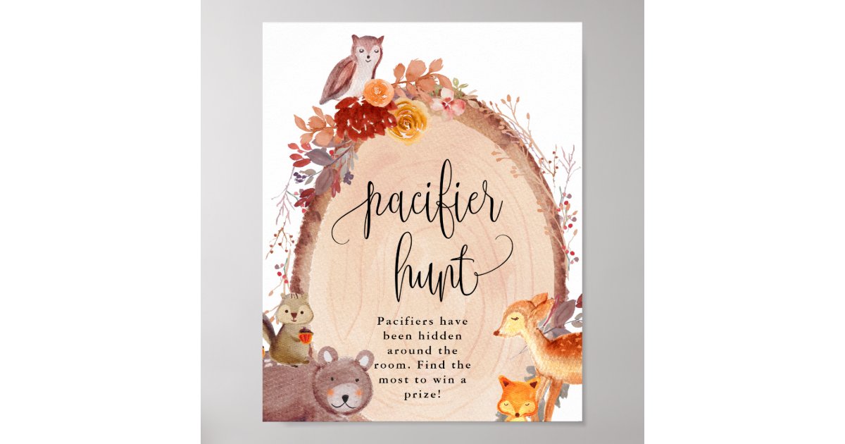 Fall Woodland Animals Pacifier Hunt Game Sign | Zazzle