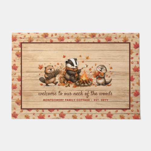 Fall Woodland Animals Rustic Autumn Personalized Doormat