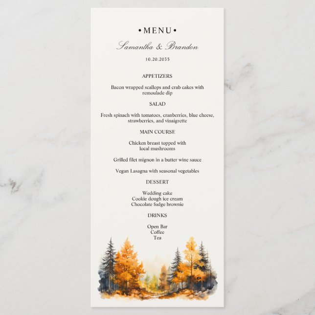 Fall Woodland, Autumn Forest Wedding Dinner Menu (Front)