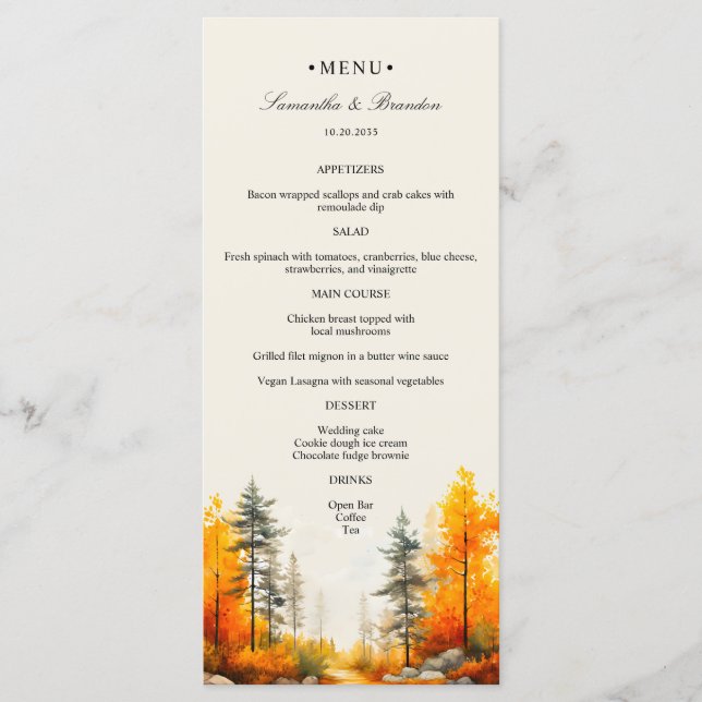 Fall Woodland, Autumn Forest Wedding Dinner Menu (Front)