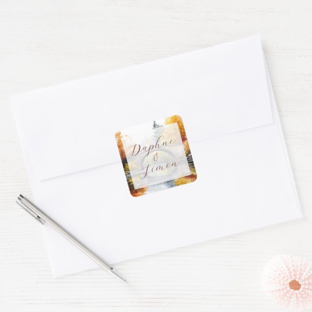 Fall Woodland Bridge Wedding Square Sticker (Envelope)