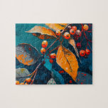 Fall woodland leaves painted. Autumn foliage art Jigsaw Puzzle<br><div class="desc">Fall woodland leaves and rowan berry puzzle. Abstract modern autumn nature oil painted art in blue red orange colors.</div>
