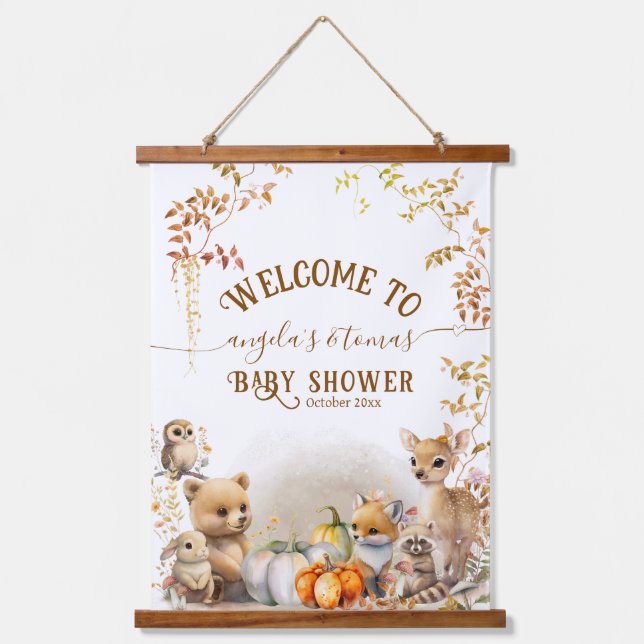 Fall Woodland Little Pumpkin Baby Shower Hanging Tapestry (Front)