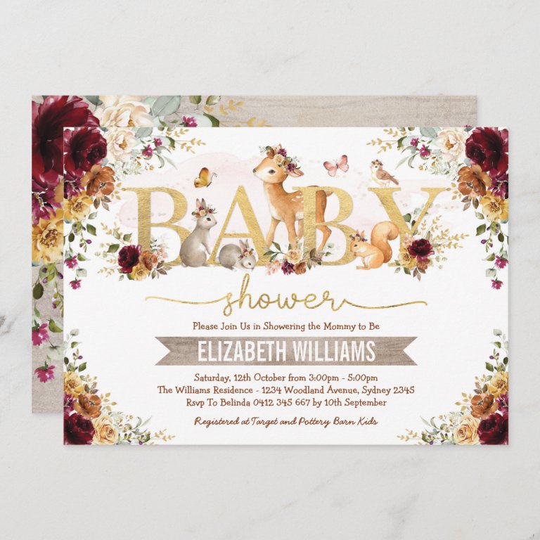 Fall Woodland Orange Burgundy Floral Baby Shower Invitation