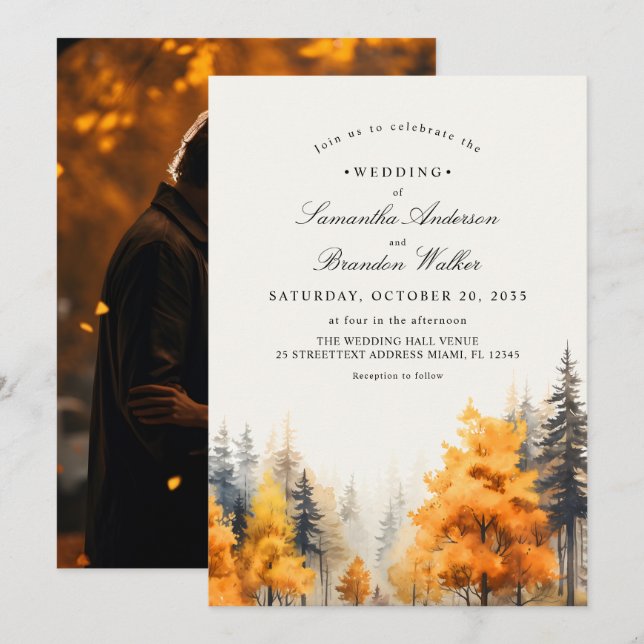 Fall Woodland, Pine Trees Photo Wedding Invitation (Front/Back)