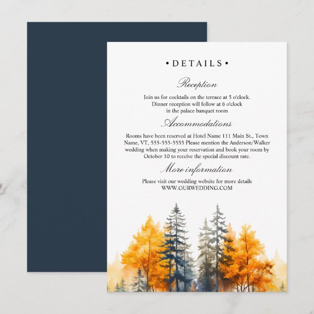 Fall Woodland, Pine trees wedding Details Enclosure Card (Front/Back)