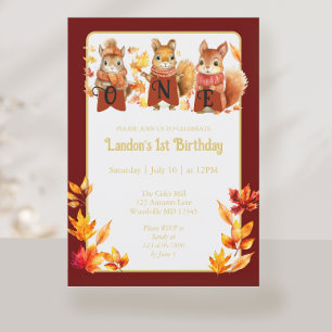 Fall Woodland Squirrel First Birthday Invitation
