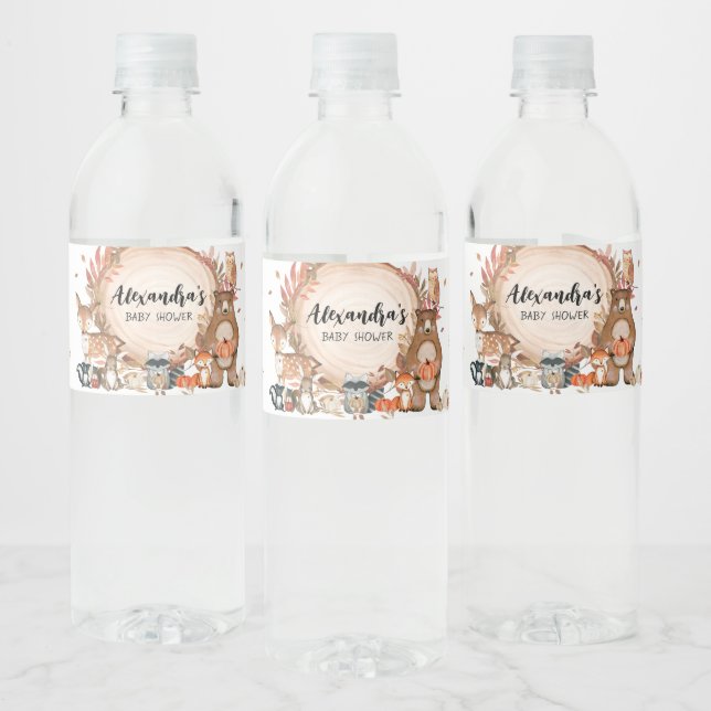 Fall Woodland Wood Slice Baby Shower Water Bottle Label (Bottles)