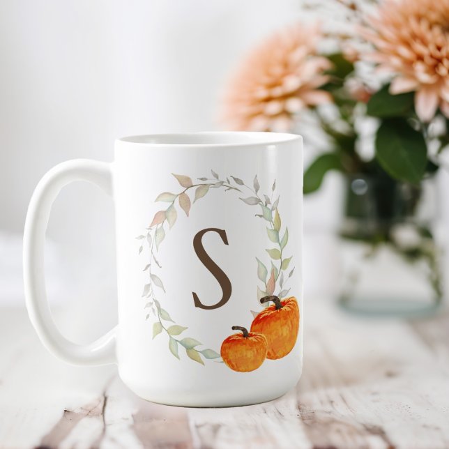 Fall Wreath and Pumpkin Monogrammed Coffee Mug