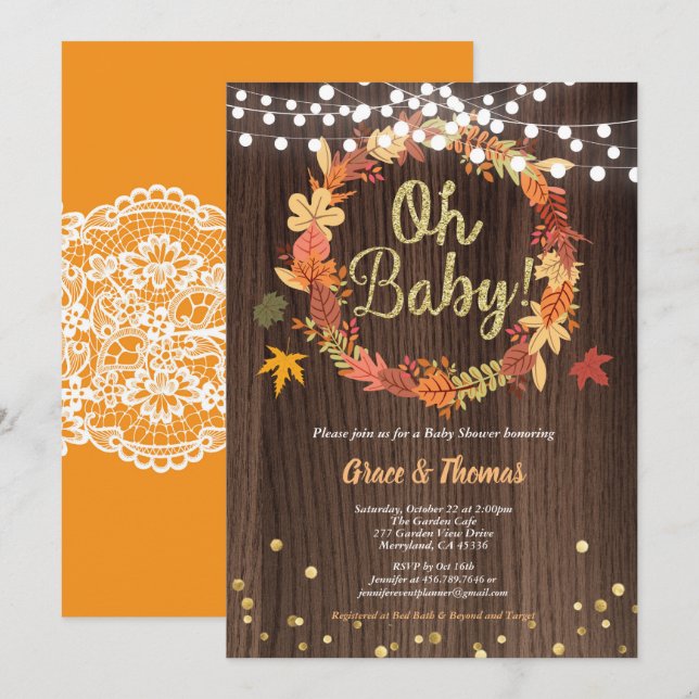 Fall wreath baby shower rustic wood thanksgiving invitation (Front/Back)