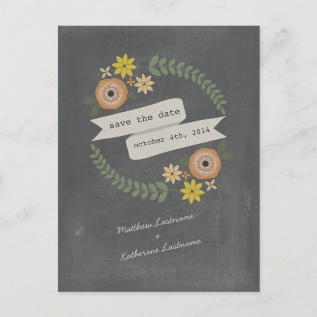 Fall Wreath Chalkboard Inspired Save The Date Announcement Postcard (Front)