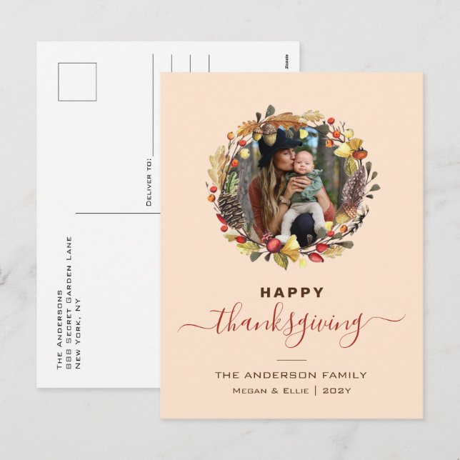 Fall Wreath Modern Thanksgiving Photo Holiday Postcard (Front/Back)