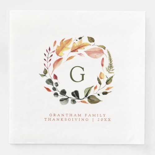 Fall Wreath Monogram Family Thanksgiving Paper Dinner Napkins