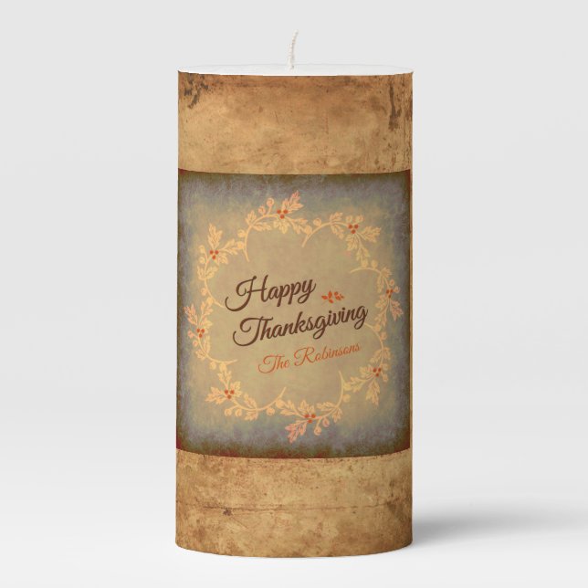 Fall Wreath Personalized Happy Thanksgiving Quote Pillar Candle (Front)