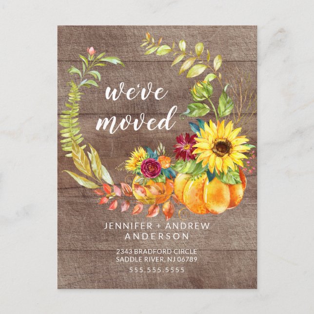 Fall Wreath Sunflower Pumpkin Moving Announcement Postcard (Front)