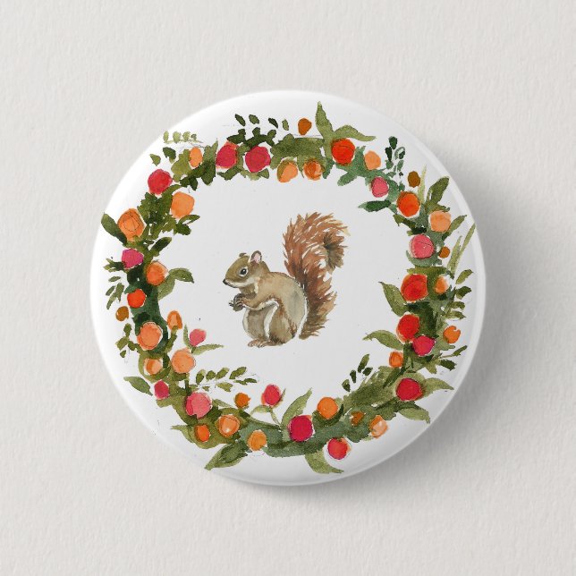 Fall wreath with squirrel watercolour pinback button (Front)