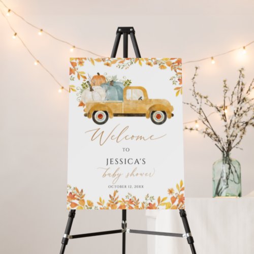 Fall Yellow Pumpkin Truck baby shower welcome sign