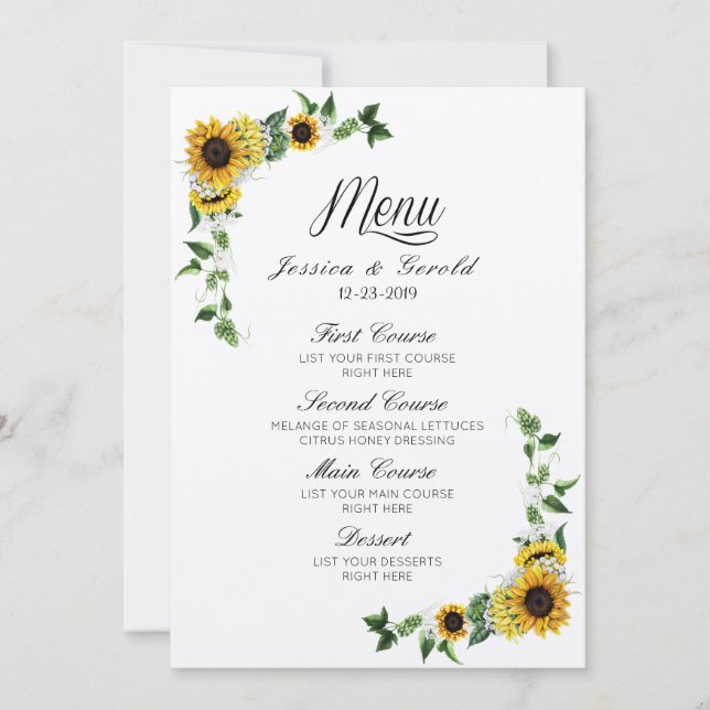 Fall Yellow Sunflower Rustic Barn Wedding Menu Invitation (Front)