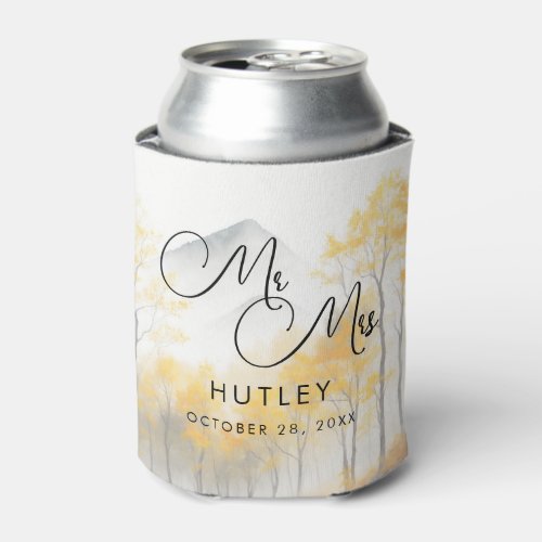 Fall Yellow Trees Grey Mountains Wedding Can Cooler