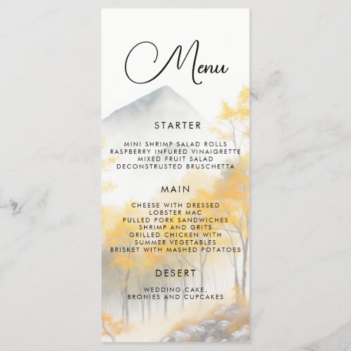 Fall Yellow Trees Grey Mountains Wedding Menu