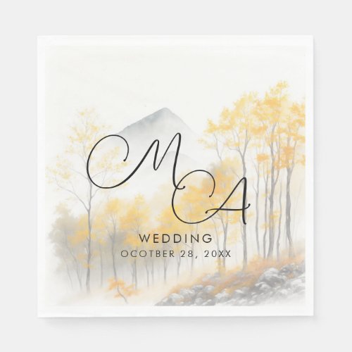 Fall Yellow Trees Grey Mountains Wedding Napkins