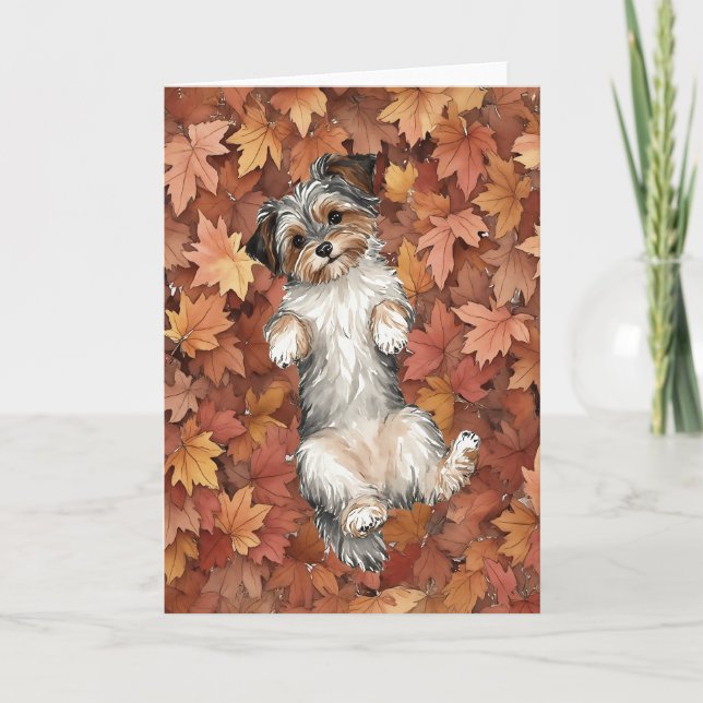 Fall Yorkie Watercolor Autumn Leaves Card (Front)