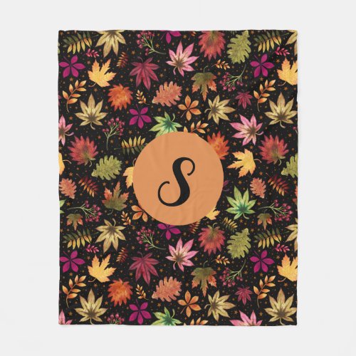 Fallen Autum Leaves Pattern on Black with Monogram Fleece Blanket