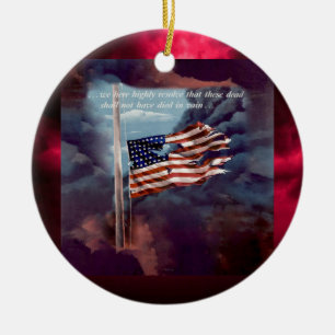 Fallen But Not Forgotten Smoke and Torn Flag Ceramic Ornament