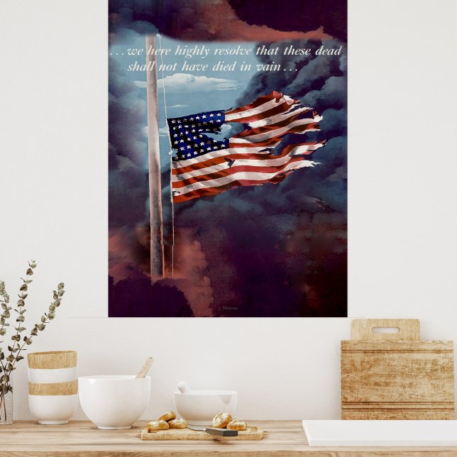 Fallen But Not Forgotten Smoke and Torn Flag Poster (Kitchen)