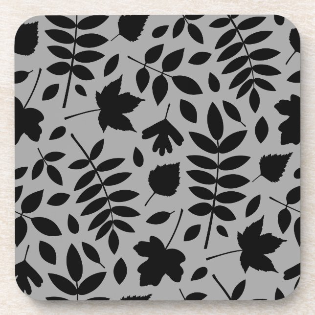 Fallen Leaves Big Pattern Black on Grey Beverage Coaster (Front)