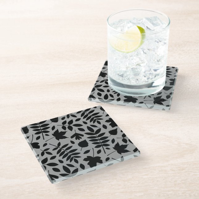 Fallen Leaves Big Pattern Black on Grey Glass Coaster (Angled)