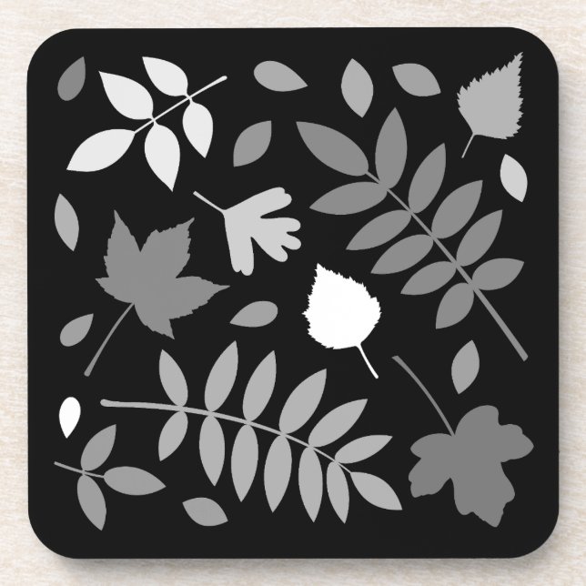 Fallen Leaves Design Greys White Black Beverage Coaster (Front)
