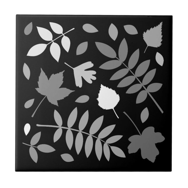 Fallen Leaves Design Greys White Black Ceramic Tile (Front)