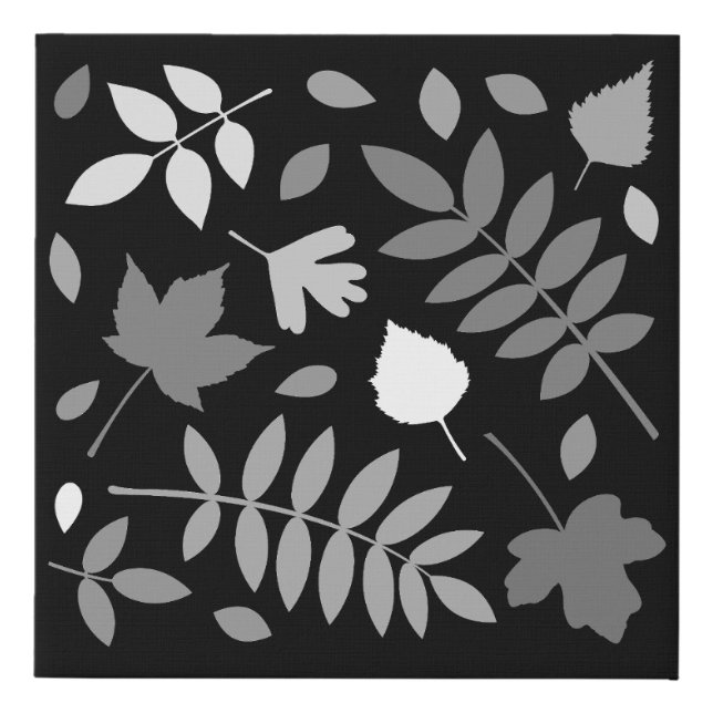 Fallen Leaves Design Greys White Black Faux Canvas Print (Front)