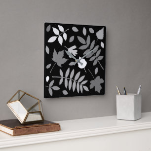 Fallen Leaves Design Greys White Black Square Wall Clock