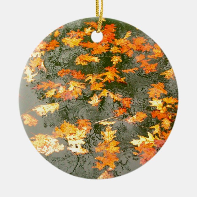 fallen leaves in rain ceramic ornament (Front)