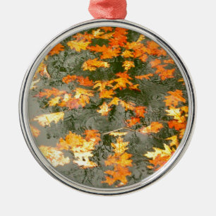 fallen leaves in rain metal ornament