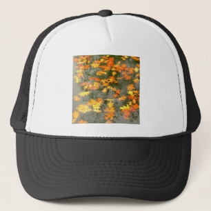fallen leaves in rain trucker hat