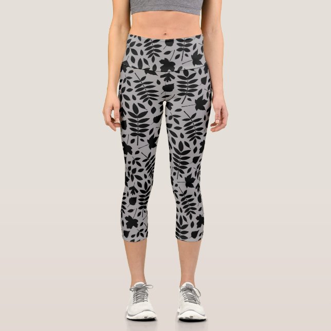 Fallen Leaves Lg Pattern Black on Grey Capri Leggings (Front)