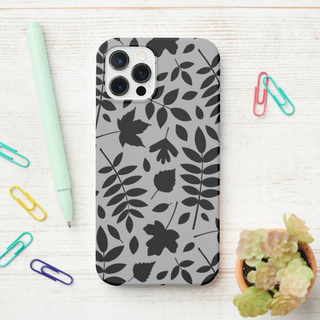 Fallen Leaves Lg Pattern Black on Grey iPhone Case (On Desk)