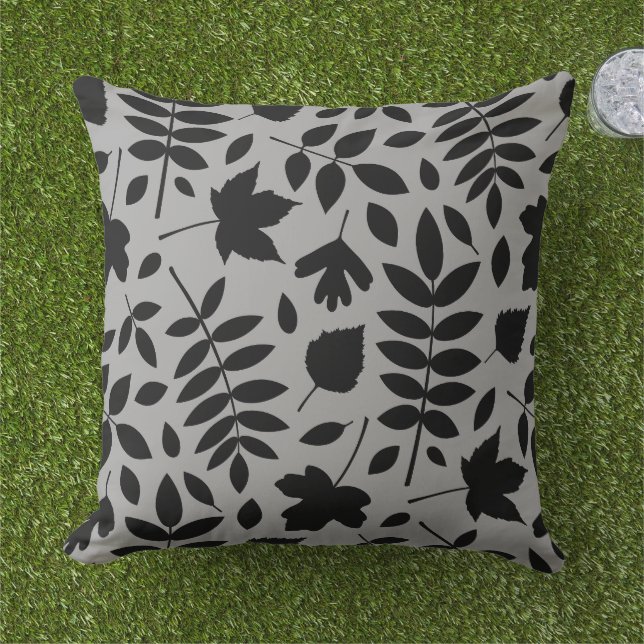 Fallen Leaves Lg Pattern Black on Grey Outdoor Pillow (Grass)